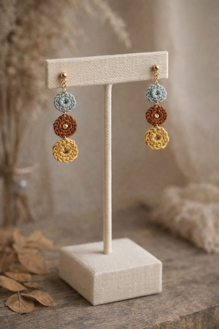 Pendientes Modelo Boho en tonos mostaza y azul.