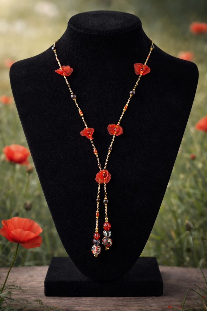 Collar Modelo Paris con Amapolas sobre soporte negro