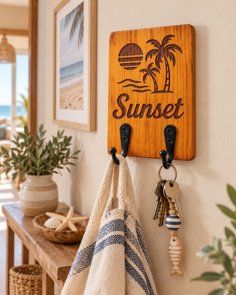 Percha Sunset con toallas y fondo de playa