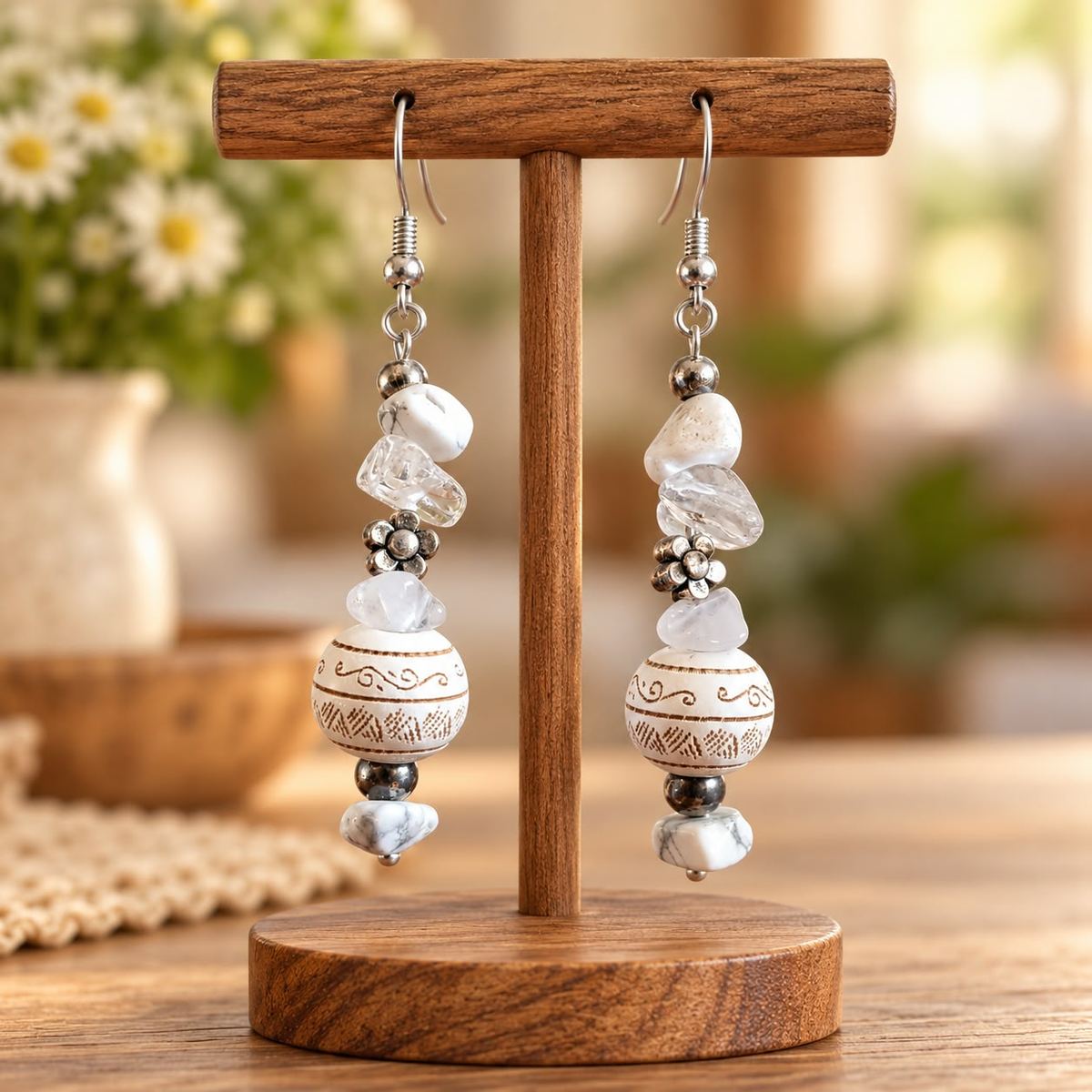 Pendientes Alma Blanca en soporte de madera