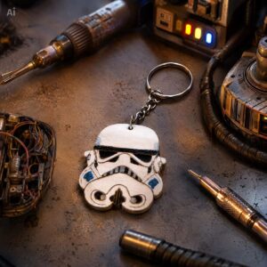 Llavero Stormtrooper sobre una mesa con herramientas.