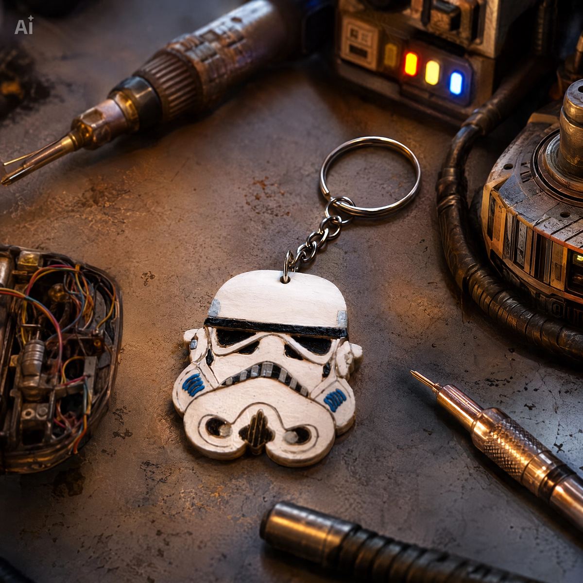 Llavero Stormtrooper sobre una mesa con herramientas.