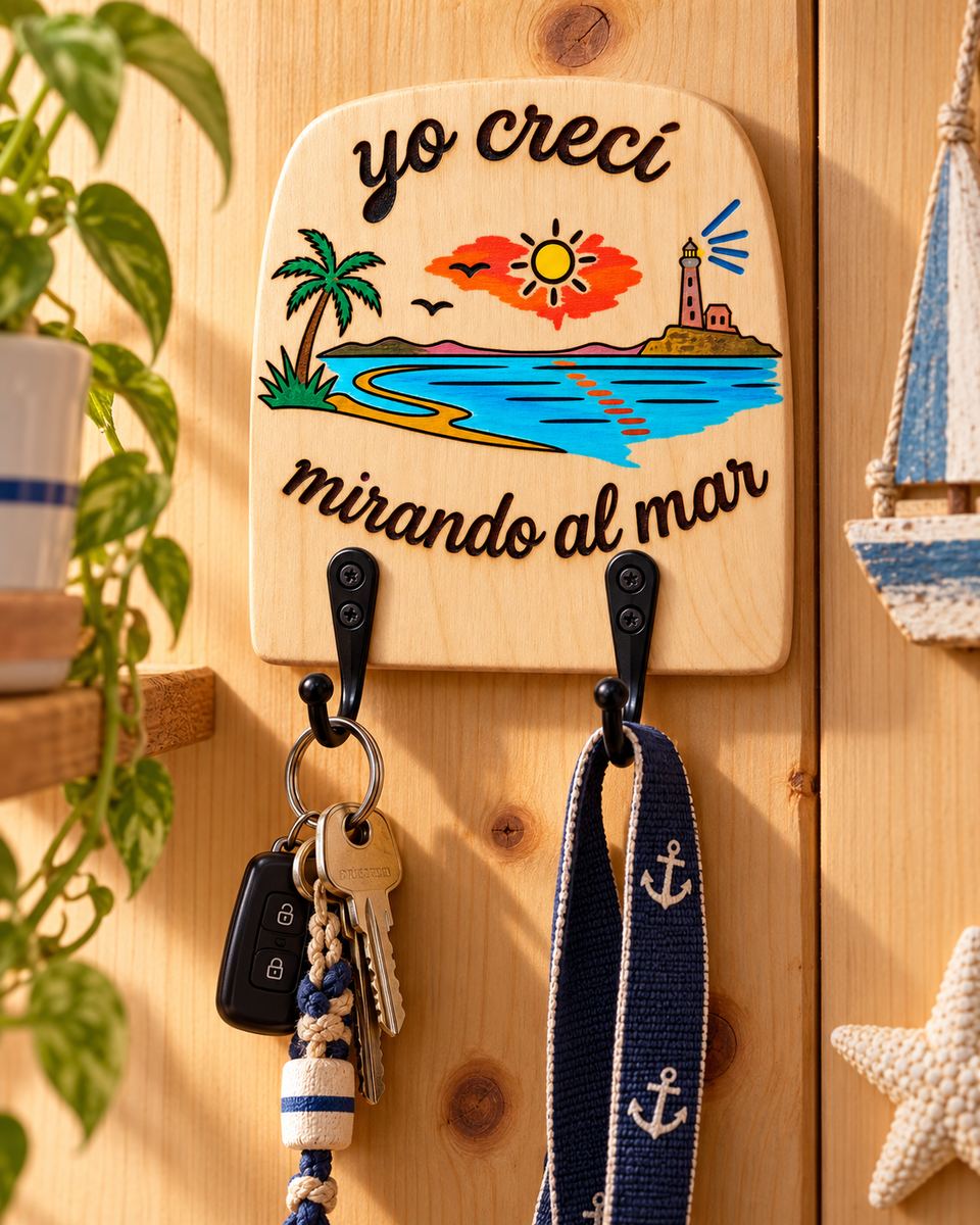 Percha Mirando al Mar con llaves y correa de mascota.