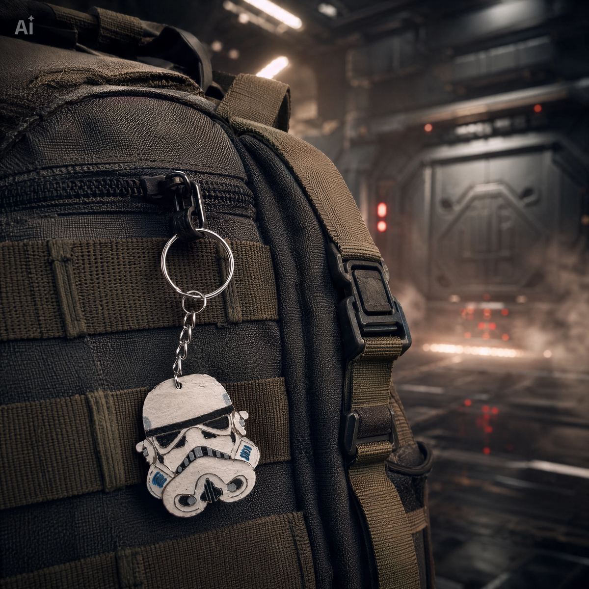 Llavero Stormtrooper colgado de una mochila.