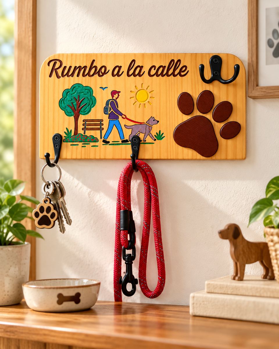 Percha Rumbo a la Calle con llaves y correa de perro