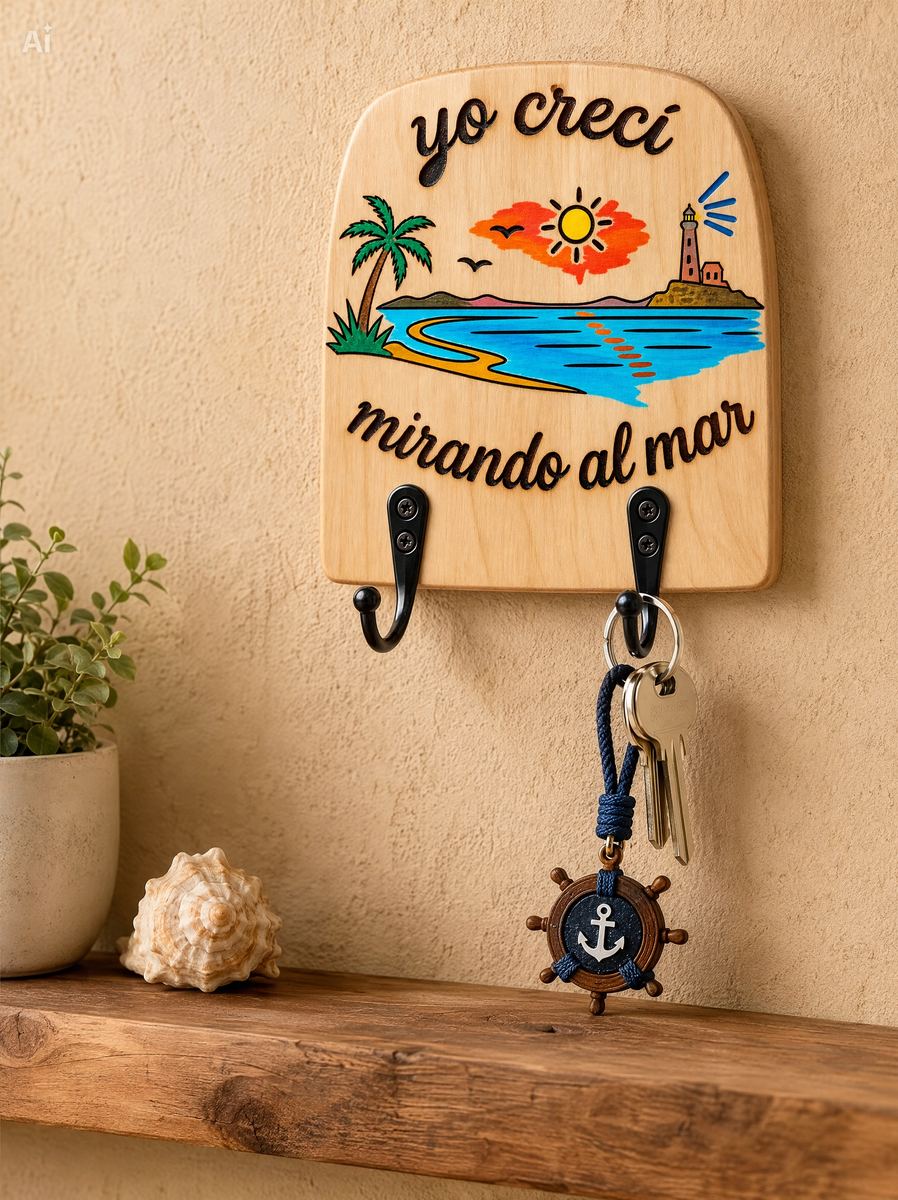 Percha Mirando al Mar con llaves colgadas y decoración costera.
