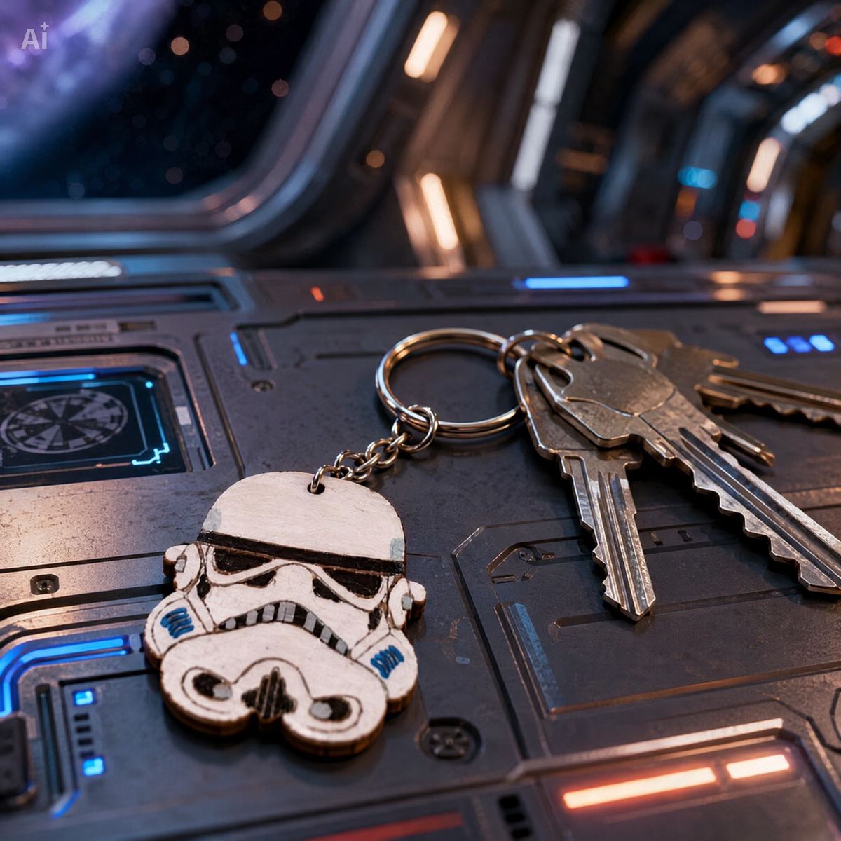 Llavero de madera Stormtrooper junto a llaves.