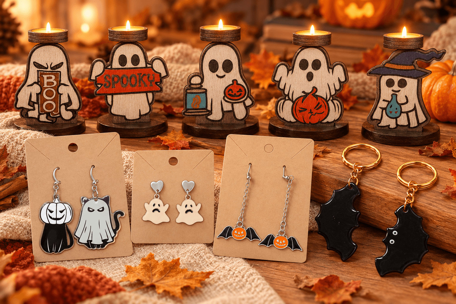 Portavelas de fantasmas, pendientes y llaveros de la colección Halloween de Tokamadera