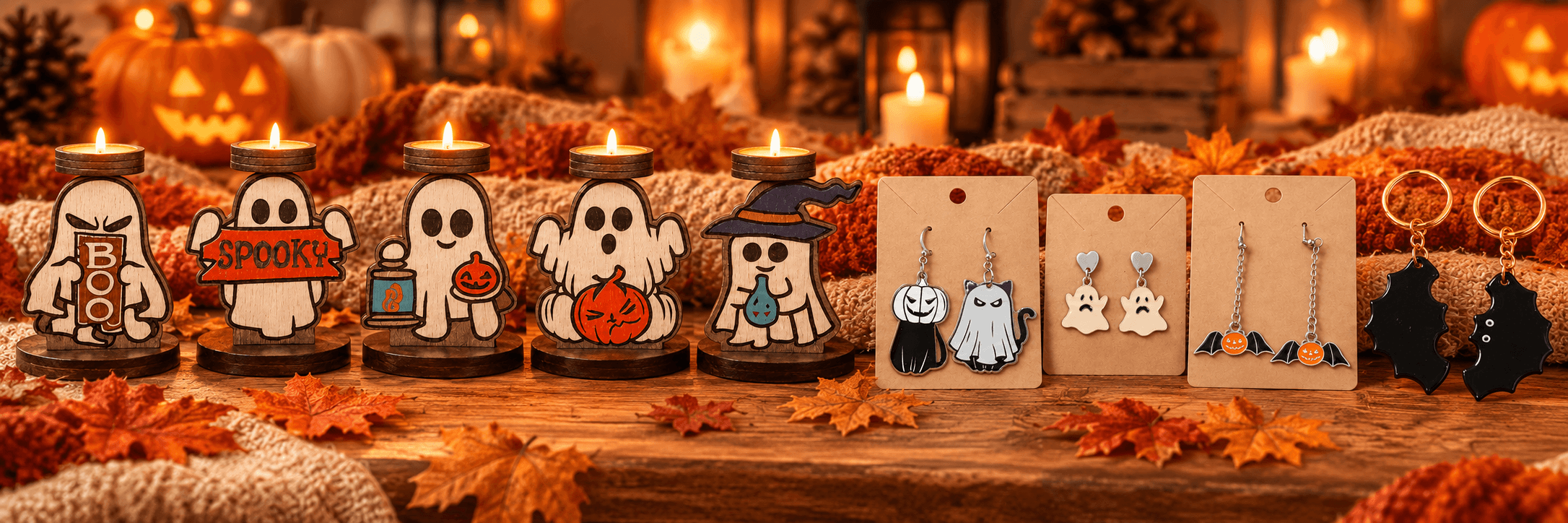 Cinco portavelas de madera con forma de fantasma, tres pares de pendientes de Halloween y dos llaveros de murciélago sobre una mesa decorada con hojas otoñales.