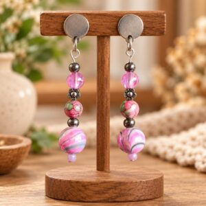 Pendientes Jaspe Rosa colgados en soporte de madera