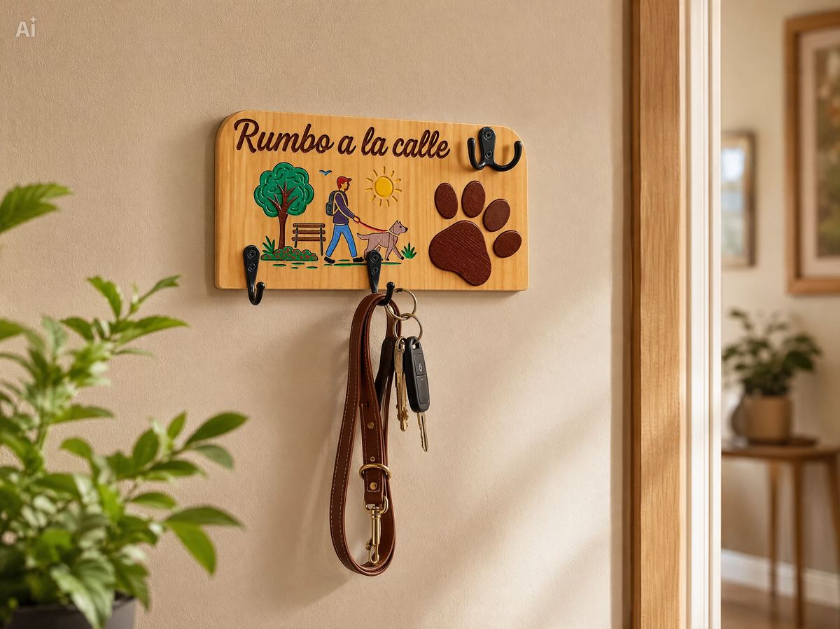 Percha Rumbo a la Calle con llaves y correa en la pared